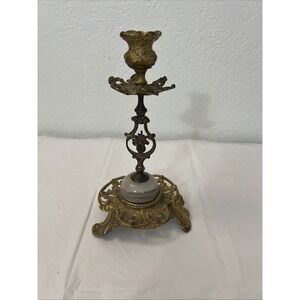 Antique Rococo Gilt Copper Bronze Floral Ornate Scrolled Candlestick Marble